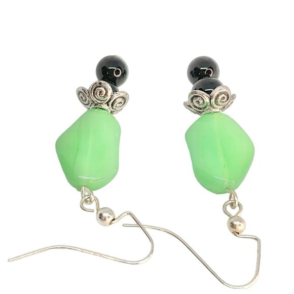 Handcrafted Green And Black Beaded Dangle Earrings With Silver-Tone Accents - Picture 3 of 5